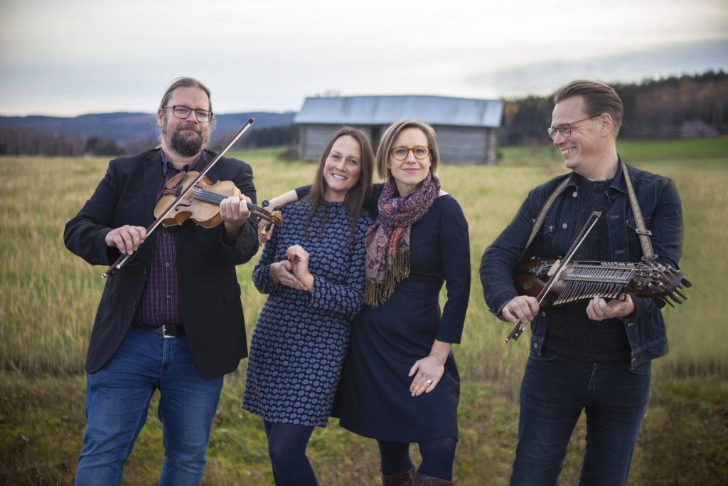 Breda gatan, consisting of folk singers Emma Härdelin and Johanna Bölja Hertzberg, fiddle player Kjell-Erik Eriksson, and Ola Hertzberg on nyckelharpa (keyed fiddle).
